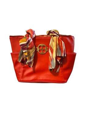 IMAN Red Saffiano Leather Tote with Printed Scarf and Gold Tone Hardware